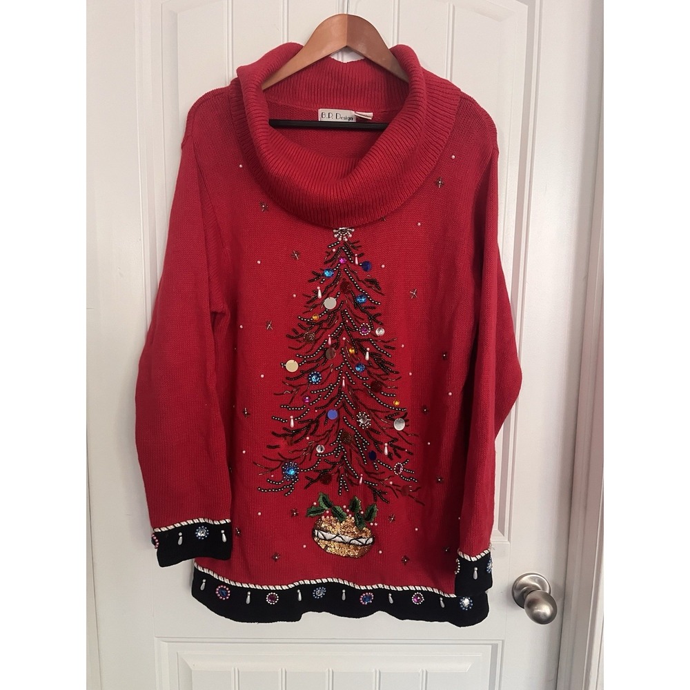 Vintage XL Cowl Neck Ugly Christmas‎ Holiday Knit Beaded Sweater BB